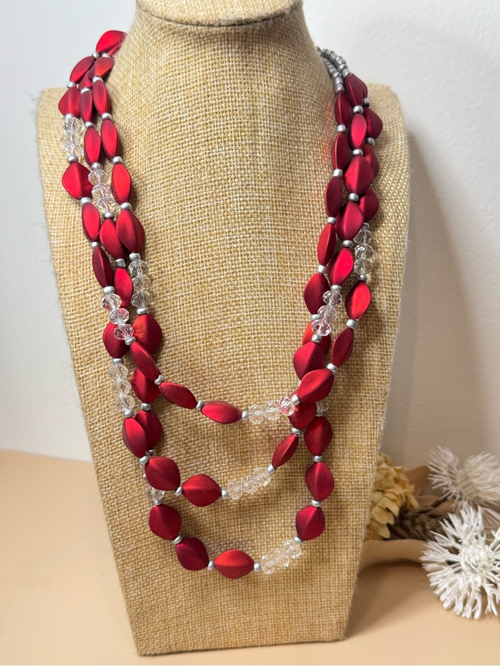 Red Multi Strand Statement Necklace Clear Beads Silver Tone 18 Inch